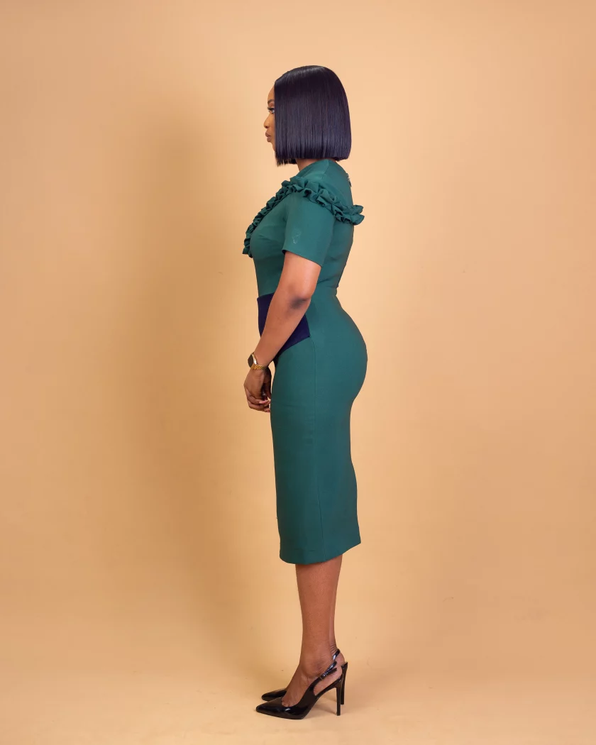 Illusion v neckline ruffle detail dress, High round neck dress, Midi length dress with ruffle detail, two toned dress, dual color dress, dresses in Lagos, workwear in Lagos, Workwear in Lekki, office dresses in Abuja, Workwear in abuja, office dresses in lagos